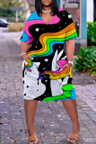 Vestido de manga curta com estampa casual colorido patchwork básico decote em V