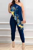 Navy Blue Sexy Print Patchwork Flounce Oblique Collar Skinny Jumpsuits