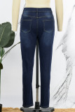 Jeans de mezclilla ajustados de cintura alta casuales sólidos azul profundo