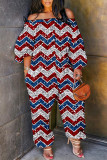 Red Blue Casual Flag Stars Print Off The Shoulder Long Sleeve Wide Leg Jumpsuit