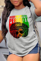 Grijze casual T-shirts met vintage print en patchwork met ronde hals
