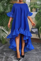 Синее повседневное элегантное однотонное платье в стиле пэчворк с воланами и круглым вырезом Нерегулярные платья Платья
