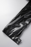 Schwarze Street Solid Patchwork Pocket Regular High Waist Gerade einfarbige Unterteile