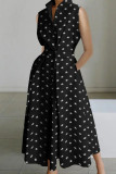 Black Casual Print Patchwork Buttons Fold Mandarin Collar A Line Dresses