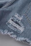 Blauwe casual effen gescheurde patchwork normale spijkerbroek met hoge taille