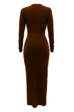 Brown Casual Solid Hollowed Out Slit O Neck Long Sleeve Dresses