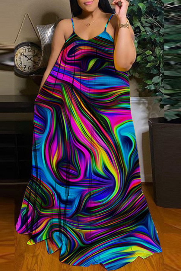 Veelkleurige sexy casual print rugloze spaghettibandjes lange jurkjurken