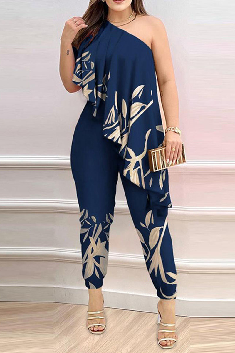 

Navy Blue Sexy Print Patchwork Flounce Oblique Collar Skinny Jumpsuits