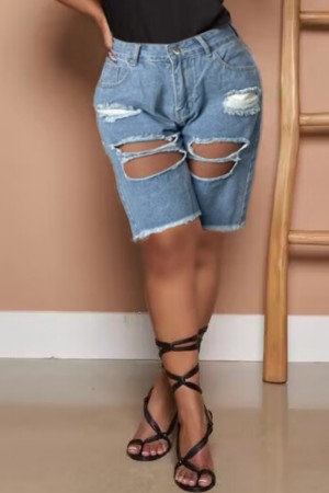Light Blue Casual Solid Ripped High Waist Regular Baggy Jeans Shorts Denim Shorts