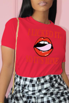 Red Street Daily Lips Tryckta Patchwork O-hals T-shirts