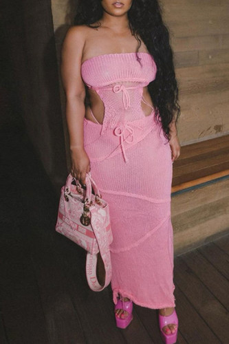 Pink Sexy Solid Bandage Hollowed Out Patchwork Backless Asymmetrical Strapless Sleeveless Two Pieces