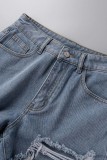 Shorts jeans azul liso casual rasgado patchwork cintura alta regular