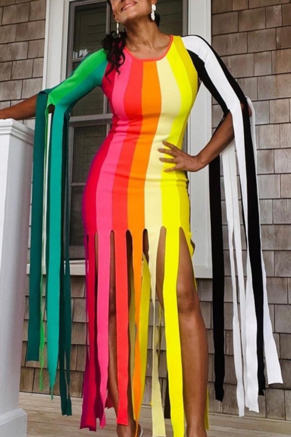 Multicolor Rainbow Casual Striped Print O Neck Irregular Tassel Bodycon Mini DressDresses