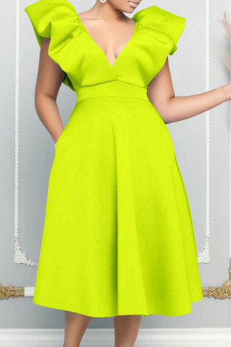 フルーツグリーンセレブソリッドパッチワークVネックイブニングドレスドレス