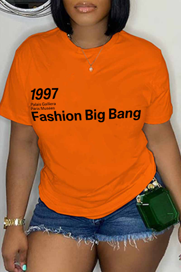Camisetas con cuello en O de patchwork con estampado casual naranja