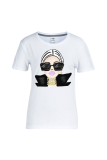 White Casual Daily Print Patchwork O Neck T-Shirts