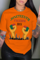 Camisetas con cuello en O de patchwork con estampado vintage de calle naranja