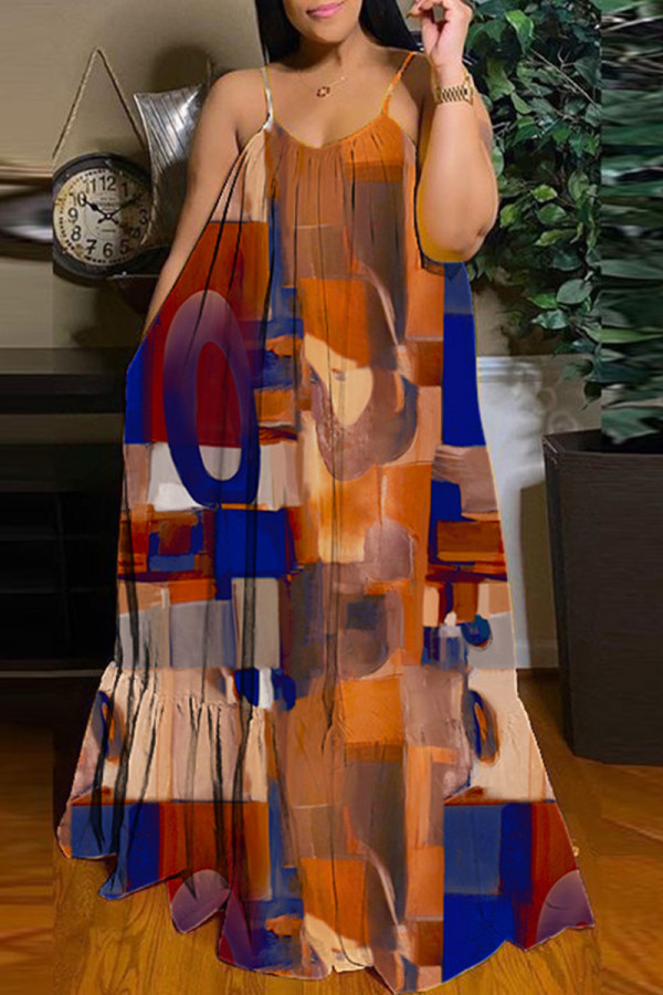 Коричневое сексуальное повседневное длинное платье с вырезом на спине и бретельками с принтом Платья
