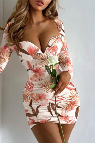 Pink Sexy Celebrities Print Fold Square Collar One Step Skirt Dresses