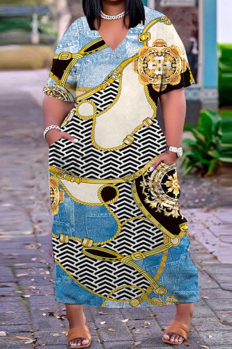 Light Blue Casual Print Patchwork V Neck Short Sleeve Dress