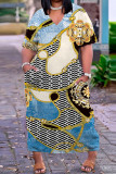 Голубое повседневное платье с коротким рукавом и v-образным вырезом в стиле пэчворк с принтом