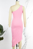 ピンクのセクシーなソリッドバックレス斜め襟ノースリーブドレスドレス