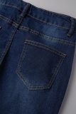 Medium Blue Casual Solid High Waist Skinny Denim Jeans