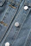 Light Blue Street Frenulum Turndown Collar Long Sleeve Regular Denim Jacket