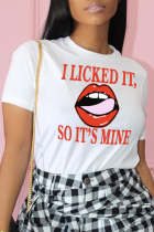 Weiße Street Daily Lips bedruckte Patchwork-T-Shirts mit O-Ausschnitt und Buchstaben