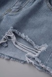 Blue Casual Solid Patchwork High Waist Regular Ripped Denim Shorts