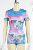 Violet Casual Street Print O Neck Short Sleeve Two Pieces