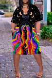 Robe décontractée imprimé patchwork basique col V manches courtes multicolore