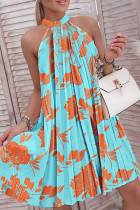 Lake Blue Casual Elegant Print Patchwork O-hals raka klänningar