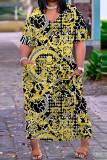 Schwarz-gelbes, lässiges Patchwork-Kleid mit V-Ausschnitt und kurzen Ärmeln
