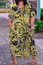 Zwart-gele casual print patchwork jurk met V-hals en korte mouwen