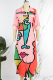 Lichtroze casual street print patchwork gesp turndown kraag overhemdjurk jurken