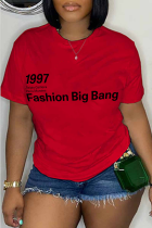 Camisetas con cuello en O de patchwork con estampado informal rojo