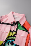 ピンク グリーン カジュアル ストリート プリント パッチワーク バックル ターンダウン カラー シャツ ドレス ドレス