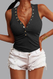 Café Casual Street Solid Buttons V Neck Tops