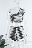 Green Sexy Striped Patchwork Oblique Collar Sleeveless Two Pieces