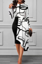 Witte casual print patchwork O-hals onregelmatige jurkjurken