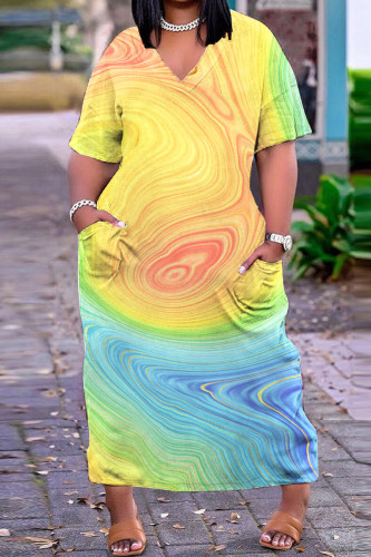 Yellow Casual Print Patchwork V Neck Short Sleeve Dress