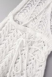 Bandagem Sólida Sexy Branca Retalhos Cavados com Fenda nas Costas Sem Costas Roupa de Banho Cobertura