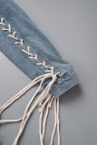 Lichtblauw Street Frenulum-jack met kraag, lange mouwen en normale spijkerstof