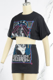 Black Sexy Street Print Patchwork O Neck Short Sleeve Two Pieces