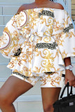 White Casual Elegant Print Patchwork Off the Shoulder Three Quarter Two Pieces