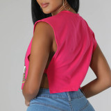 Camisetas con cuello en O asimétrico con estampado de calle casual rosa