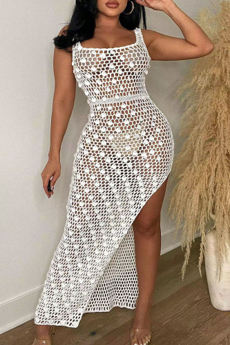 White Sexy Solid Hollowed Out Sequins Patchwork Swimwears Cover Up
