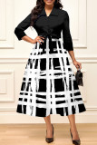 Zwarte casual print bandage patchwork turndown kraag A-lijn jurken