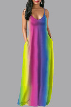 Yellow Pink Rainbow Casual Gradual Change Pocket U Neck Sling Maxi Cami Loose Dress